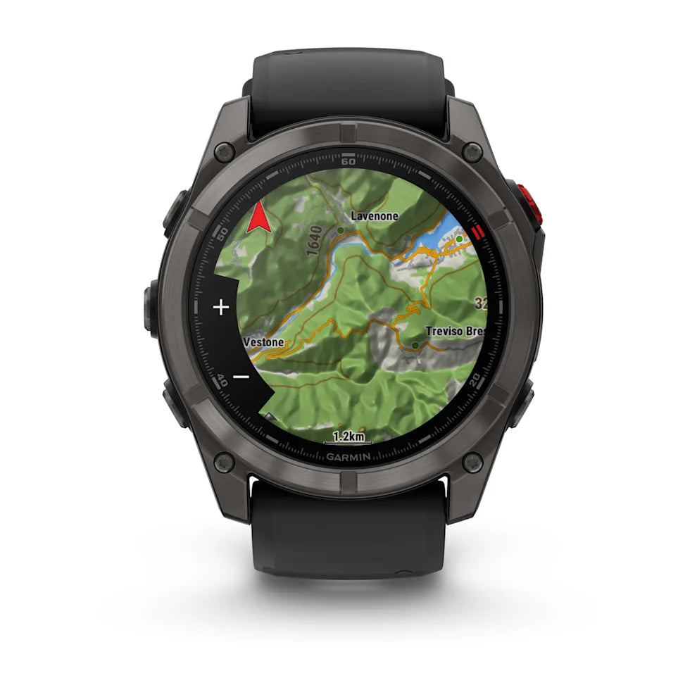 Garmin Fenix 8 Pro (51 mm) Saphirglas – Premium AMOLED Multisport-Smartwatch – Carbongraues DLC-Titan mit schwarzem/kieselgrauem Silikonarmband