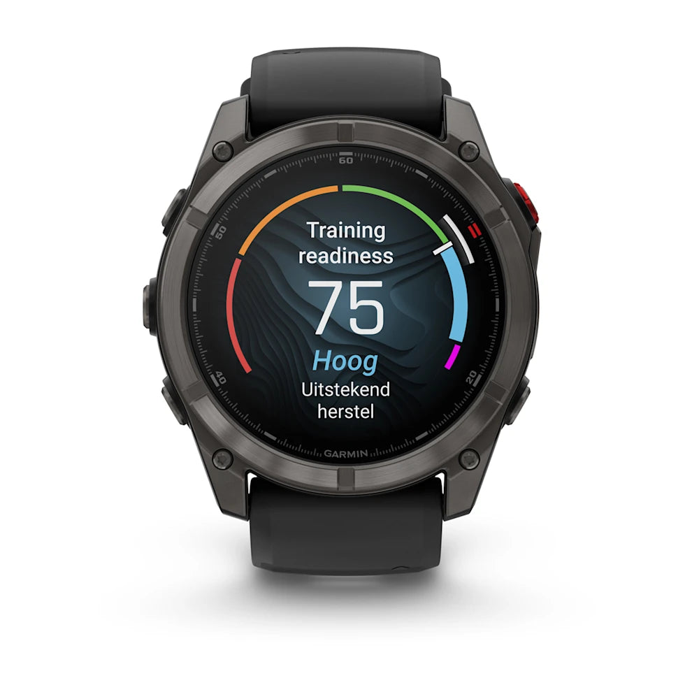 Garmin Fenix 8 Pro (51 mm) Saphirglas – Premium AMOLED Multisport-Smartwatch – Carbongraues DLC-Titan mit schwarzem/kieselgrauem Silikonarmband