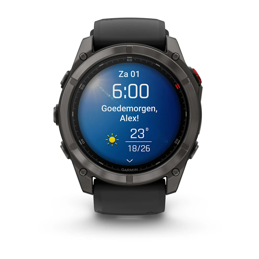 Garmin Fenix 8 Pro (51 mm) Saphirglas – Premium AMOLED Multisport-Smartwatch – Carbongraues DLC-Titan mit schwarzem/kieselgrauem Silikonarmband