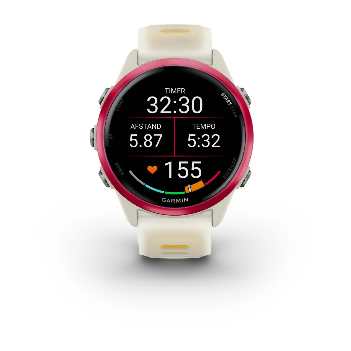 Garmin Forerunner 570 (42 mm) Himbeer-Aluminium mit transparentem Knochen-/Mango-Armband – Premium-Lauf-Smartwatch mit AMOLED-Display