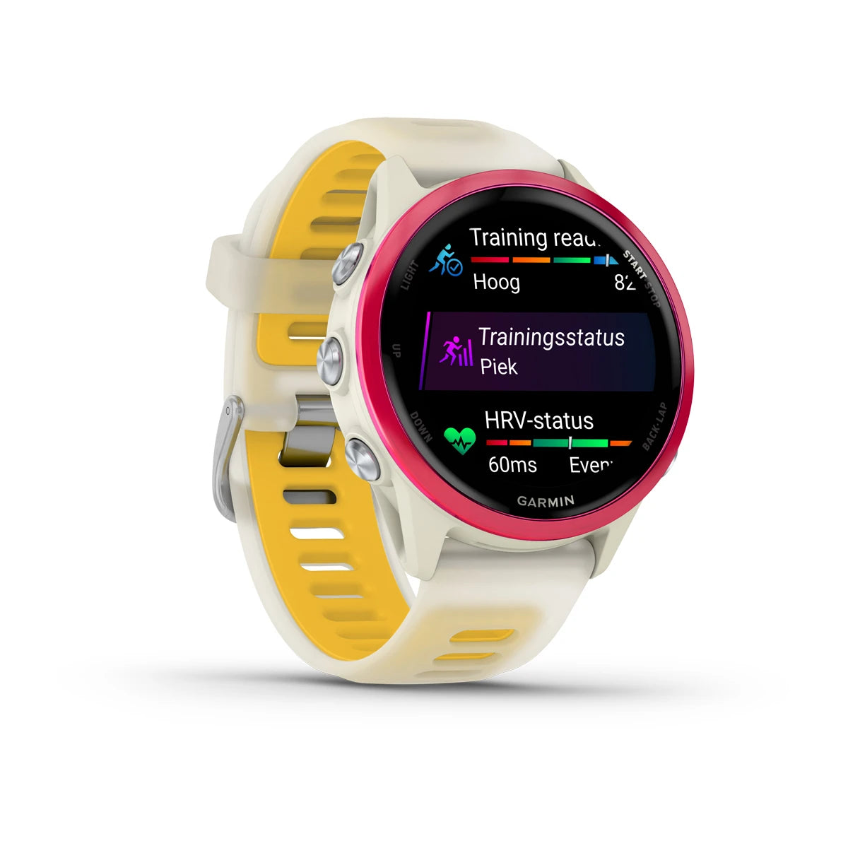 Garmin Forerunner 570 (42 mm) Himbeer-Aluminium mit transparentem Knochen-/Mango-Armband – Premium-Lauf-Smartwatch mit AMOLED-Display