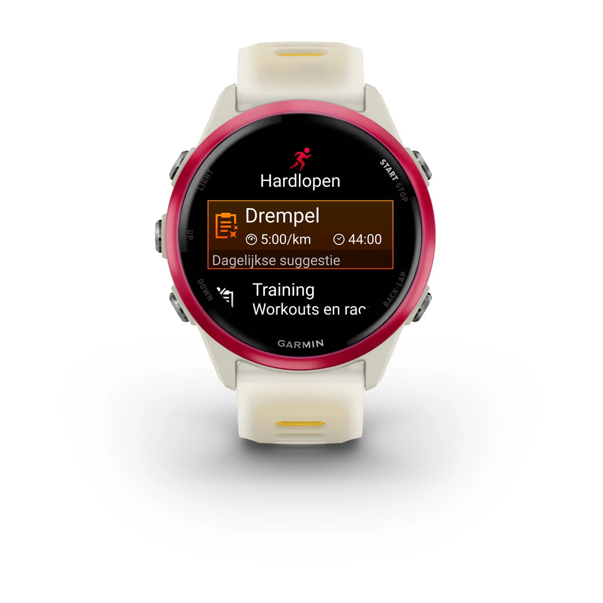 Garmin Forerunner 570 (42 mm) Himbeer-Aluminium mit transparentem Knochen-/Mango-Armband – Premium-Lauf-Smartwatch mit AMOLED-Display