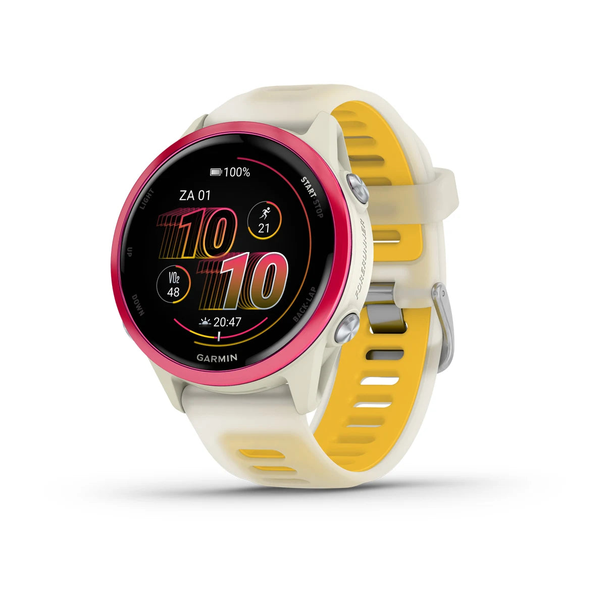 Garmin Forerunner 570 (42 mm) Himbeer-Aluminium mit transparentem Knochen-/Mango-Armband – Premium-Lauf-Smartwatch mit AMOLED-Display