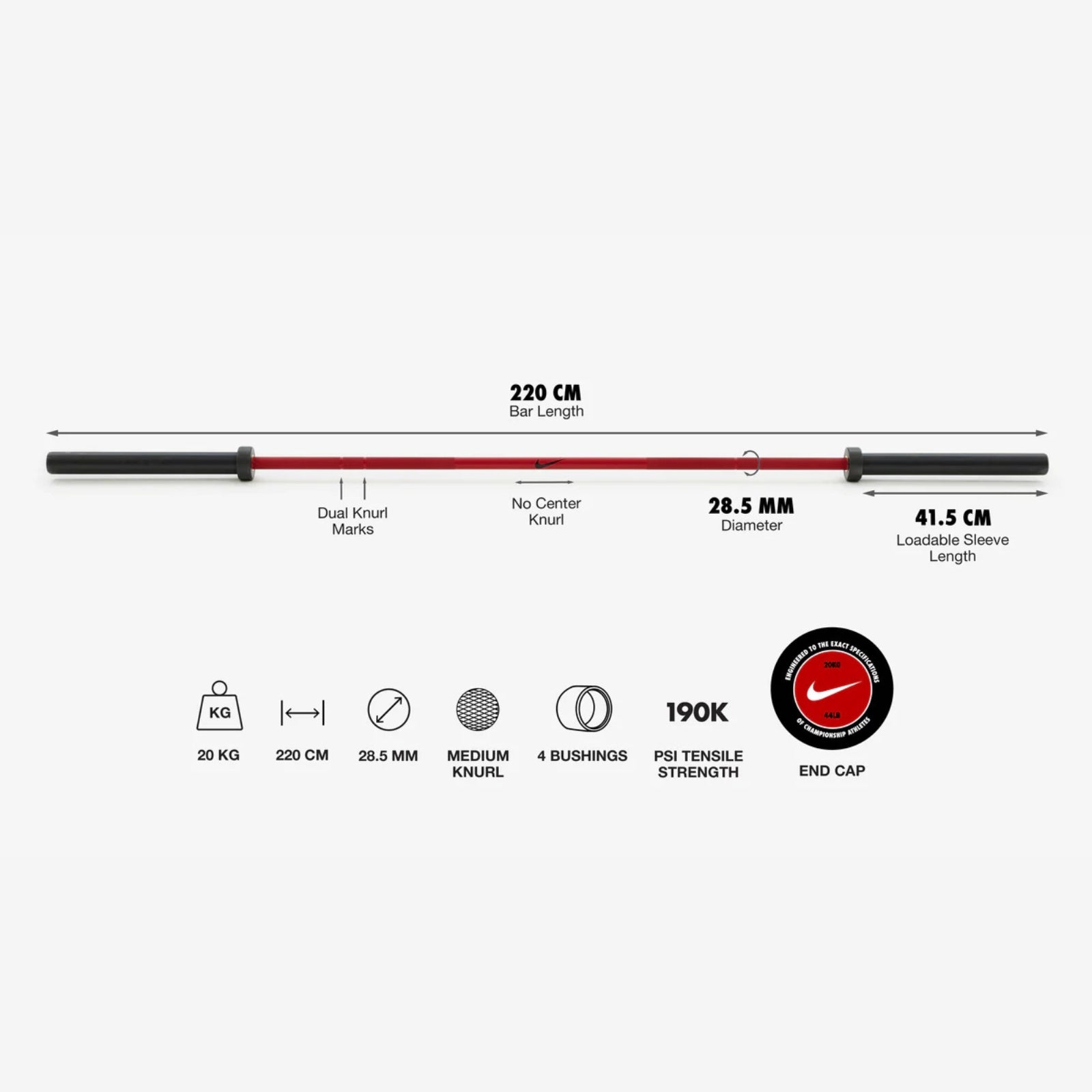 Nike Strength Coated Premium Langhantel – 20 kg / Roter Swoosh