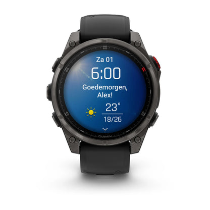Garmin Fenix ​​8 Pro (47 mm) Saphirglas – Premium-AMOLED-Multisport-Smartwatch – Carbongraues DLC-Titan mit schwarzem/kieselgrauem Silikonarmband