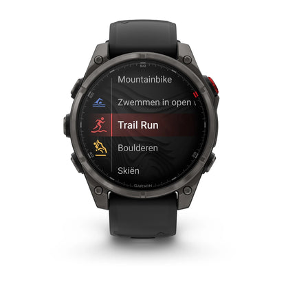 Garmin Fenix ​​8 Pro (47 mm) Saphirglas – Premium-AMOLED-Multisport-Smartwatch – Carbongraues DLC-Titan mit schwarzem/kieselgrauem Silikonarmband