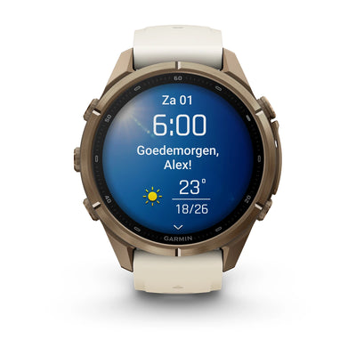 Garmin fēnix® 9 Pro (43 mm) – Autumn Gold Titanium mit cremefarbenem/french-grauem Silikonarmband