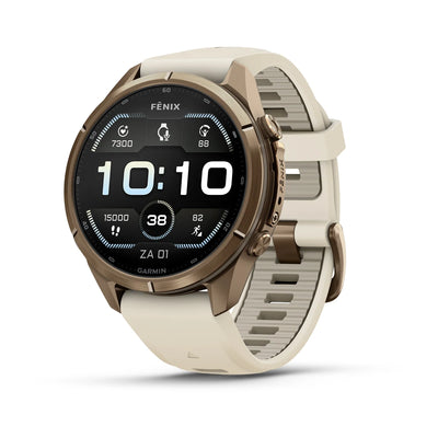 Garmin fēnix® 9 Pro (43 mm) – Autumn Gold Titanium mit cremefarbenem/french-grauem Silikonarmband