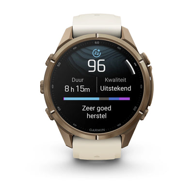 Garmin fēnix® 9 Pro (43 mm) – Autumn Gold Titanium mit cremefarbenem/french-grauem Silikonarmband