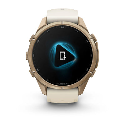 Garmin fēnix® 9 Pro (43 mm) – Autumn Gold Titanium mit cremefarbenem/french-grauem Silikonarmband