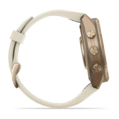 Garmin fēnix® 9 Pro (43 mm) – Autumn Gold Titanium mit cremefarbenem/french-grauem Silikonarmband