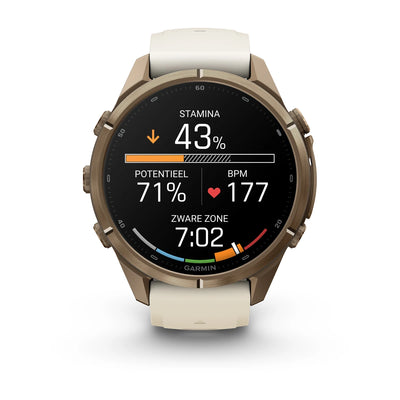 Garmin fēnix® 9 Pro (43 mm) – Autumn Gold Titanium mit cremefarbenem/french-grauem Silikonarmband