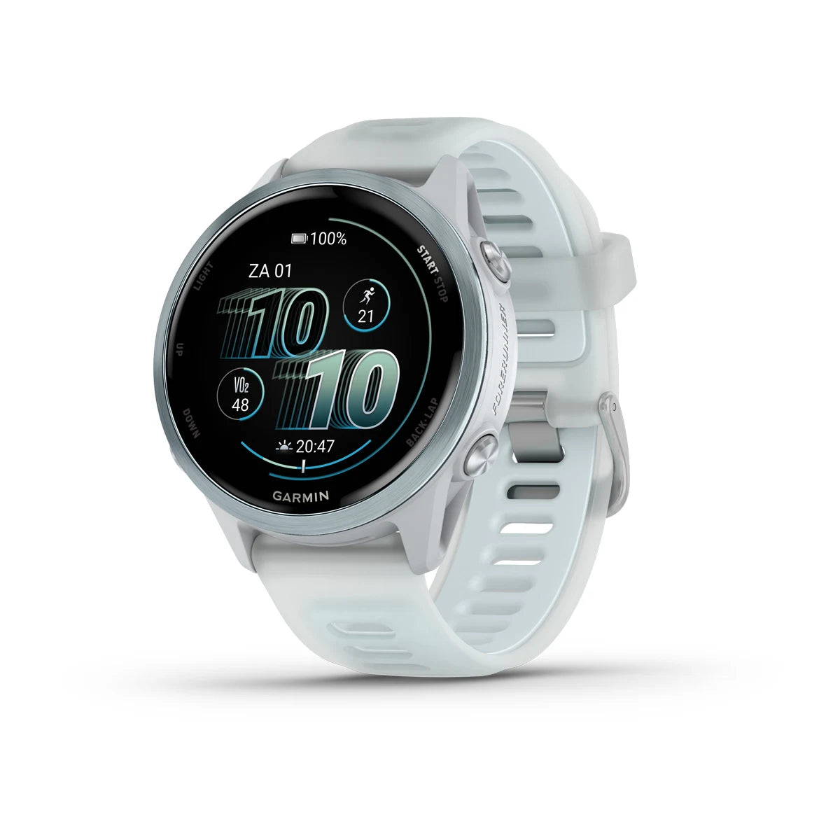 Garmin Forerunner 570 (42 mm) Cloud Blue Aluminium mit transparentem Armband in Weiß/Cloud Blue – Premium-Smartwatch zum Laufen mit AMOLED-Display 