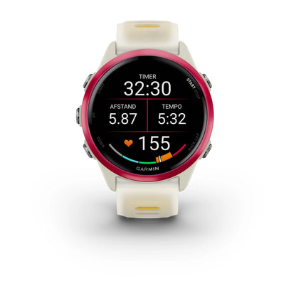 Garmin Forerunner 570 (42 mm) Himbeer-Aluminium mit transparentem Knochen-/Mango-Armband – Premium-Lauf-Smartwatch mit AMOLED-Display 