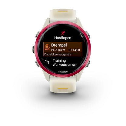 Garmin Forerunner 570 (42 mm) Himbeer-Aluminium mit transparentem Knochen-/Mango-Armband – Premium-Lauf-Smartwatch mit AMOLED-Display 