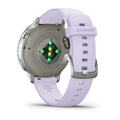 Garmin Venu 4 (41 mm) Flieder/Violett/Pink – Modische/Sportliche Hybrid-Smartwatch – Silber mit periwinkelfarbenem Silikonarmband 