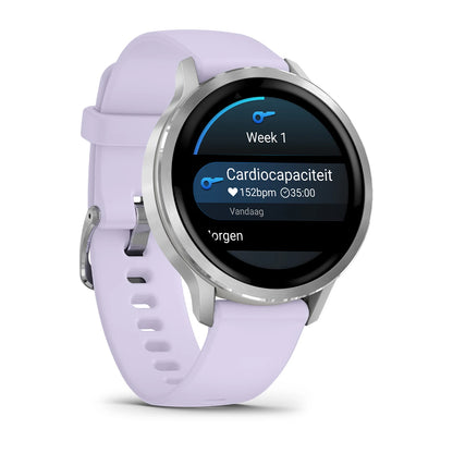 Garmin Venu 4 (41 mm) Flieder/Violett/Pink – Modische/Sportliche Hybrid-Smartwatch – Silber mit periwinkelfarbenem Silikonarmband 