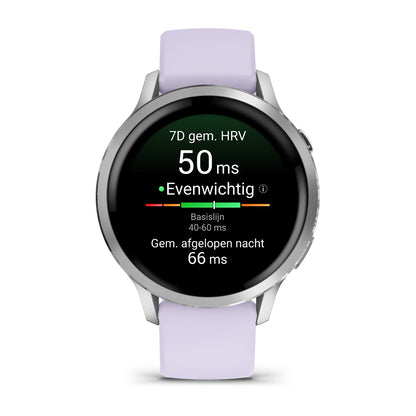 Garmin Venu 4 (41 mm) Flieder/Violett/Pink – Modische/Sportliche Hybrid-Smartwatch – Silber mit periwinkelfarbenem Silikonarmband 