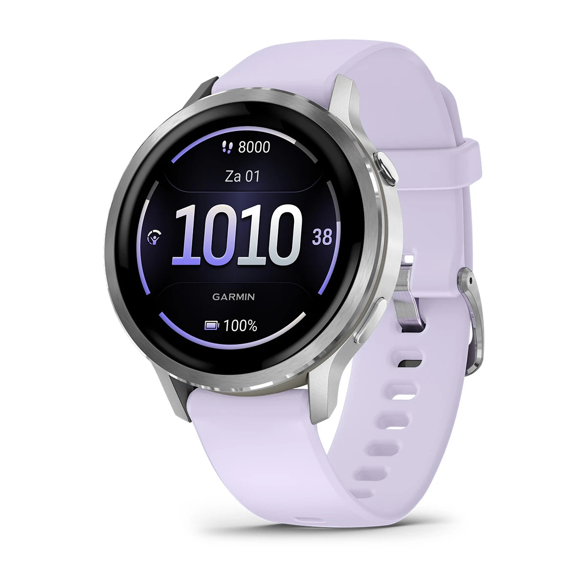 Garmin Venu 4 (41 mm) Flieder/Violett/Pink – Modische/Sportliche Hybrid-Smartwatch – Silber mit periwinkelfarbenem Silikonarmband 